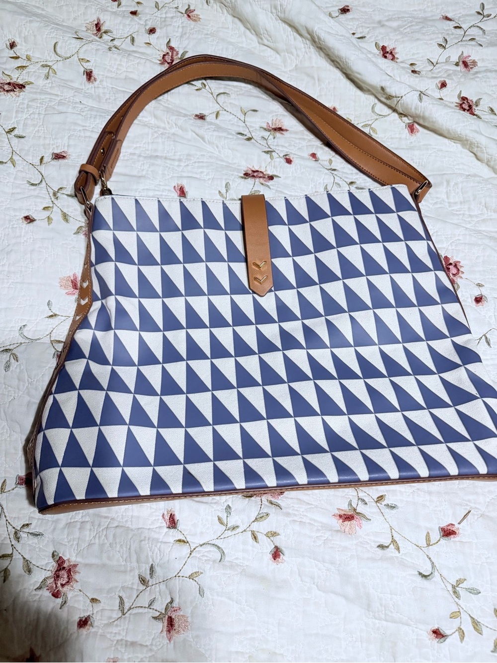 Stella & Dot Blue & White Geometric Tote with Tan Trim